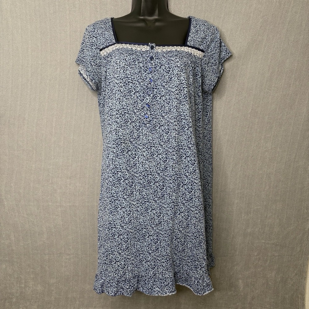 Earth Angels Blue Floral Nightgown Midi Short Sleeve Womens Small Cottage Lace